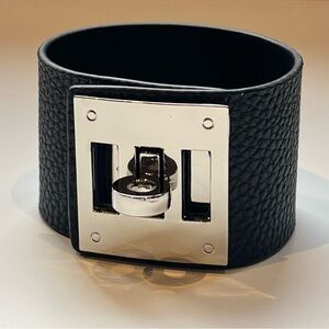 Kelly Buckle Inspired Black and Silver Wide Cuff Bracelet Elegant Contemporary